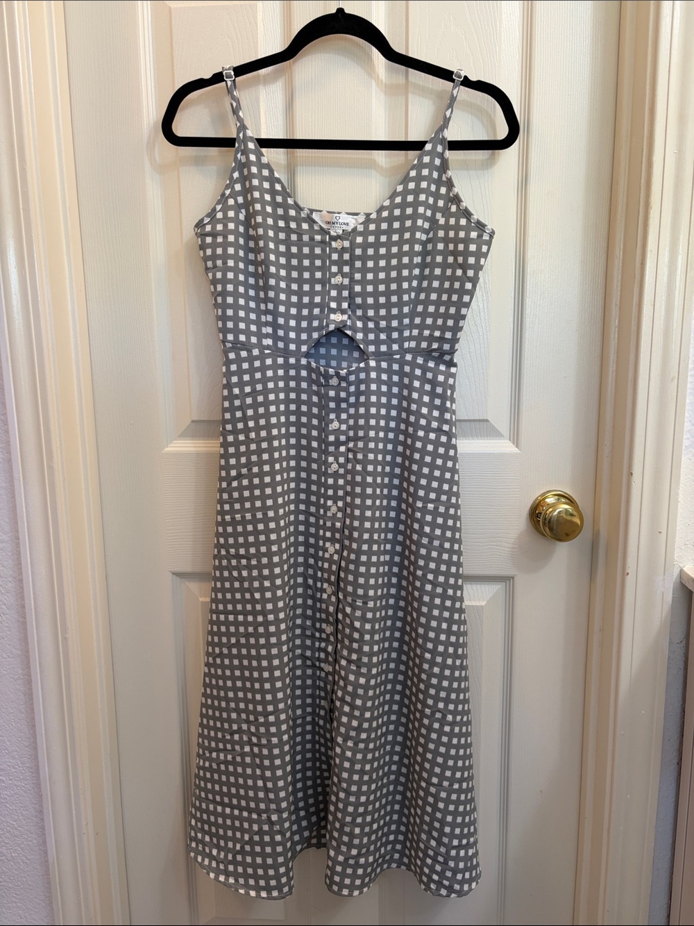 Oh My Love Grey and White Checked Midi Dress with Front Cutout